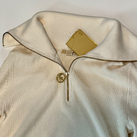 NWT Michael Kors Half Zip Sweater Ribbed Pullover Gold Hardware Cream S - Picture 3 of 6